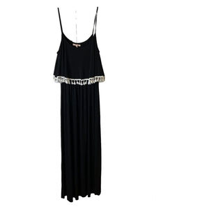 Gibson & Latimer Black Maxi Dress Size L Boho Crochet Tassel‎ Overlay Elastic